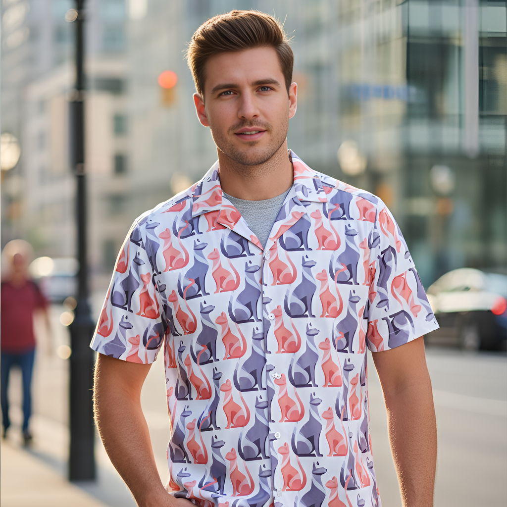 Cat Print Cuban Collar Shirt  (XS)