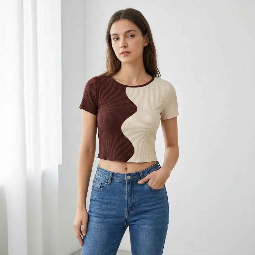 Mocha Wave Colorblock Ribbed Crop Top (XS)